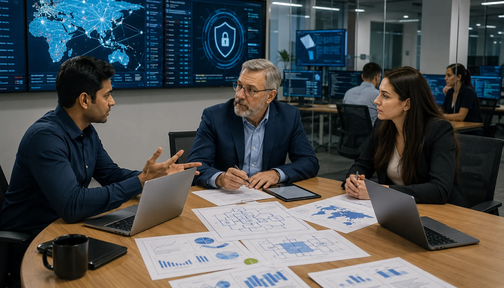 CISSP professional discussing online certification training with senior cybersecurity mentors in a modern information security office.