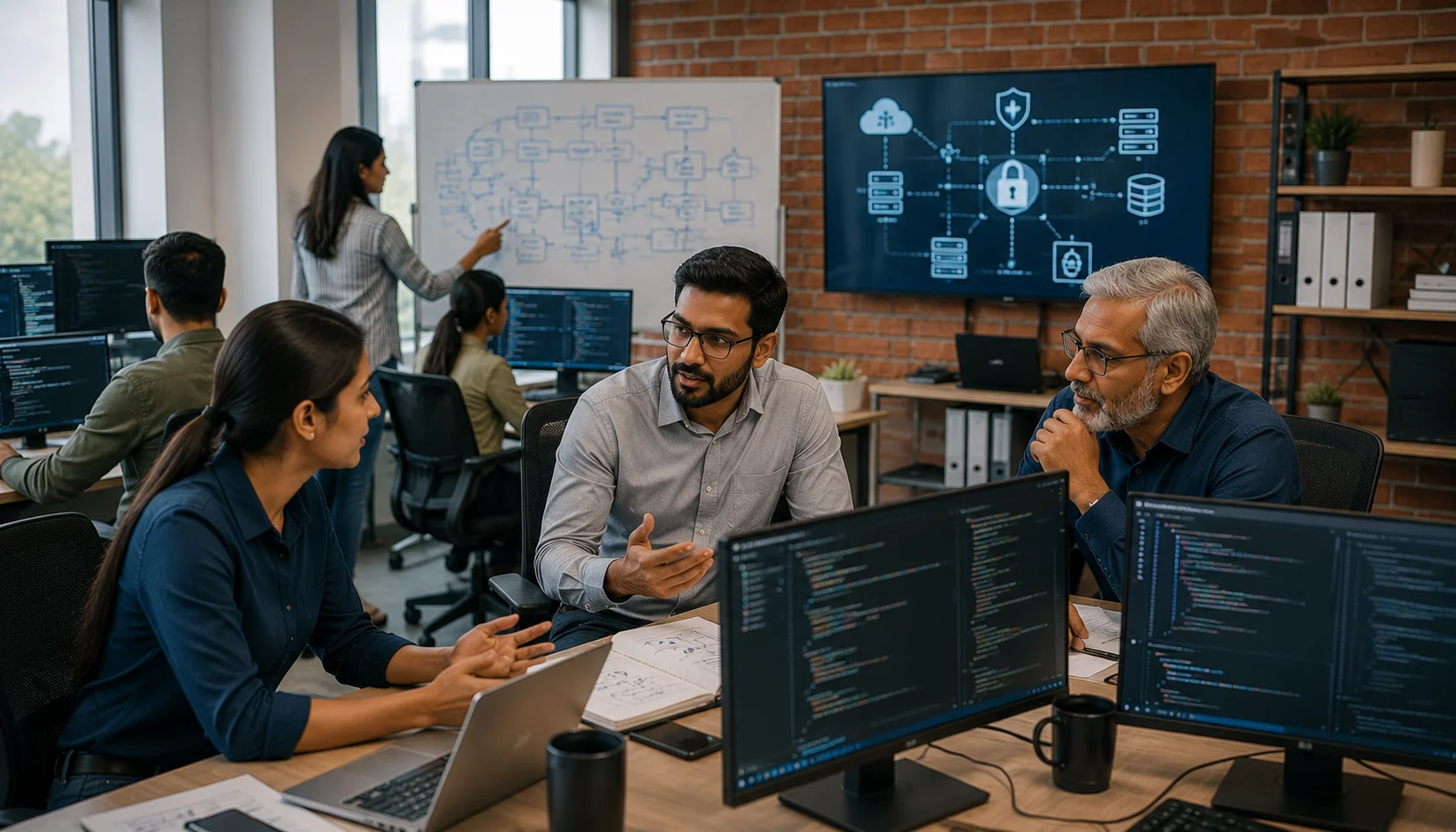 CSSLP professional discussing online secure software certification training with senior cybersecurity mentors in a modern office.