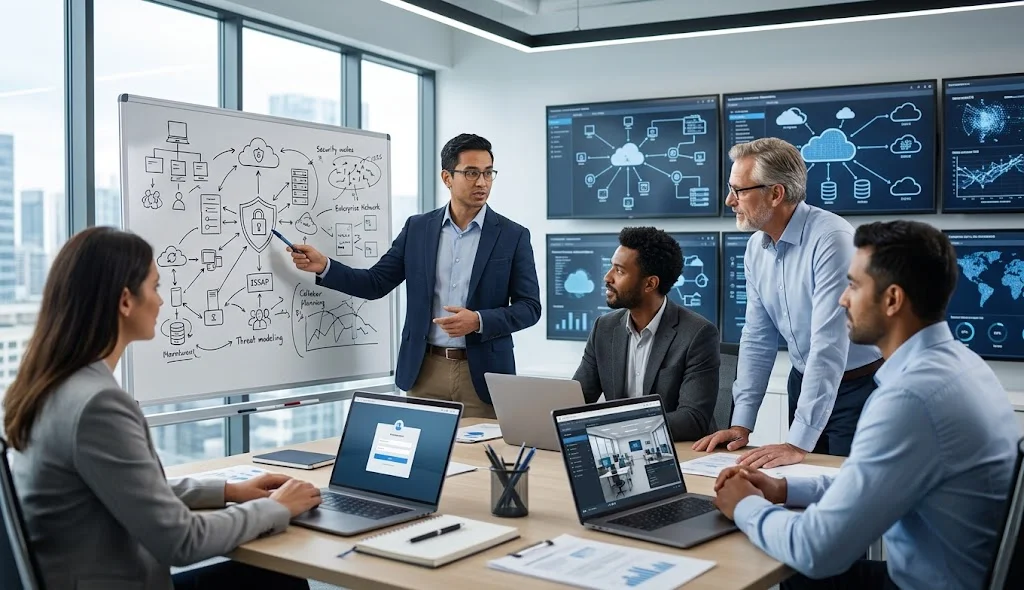 ISSAP professional discussing online certification training with senior security architecture mentors in a modern enterprise office.