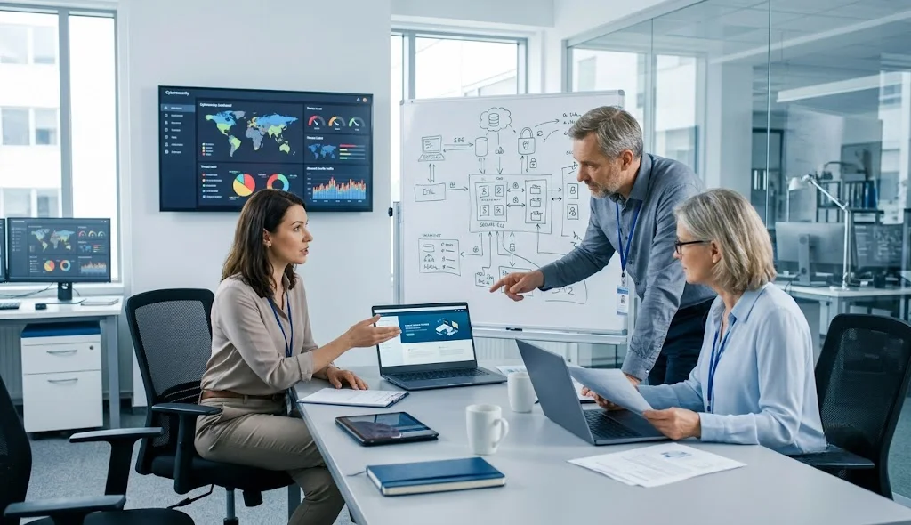 ISSEP security professional discussing online certification training with senior security engineering mentors in a modern office.