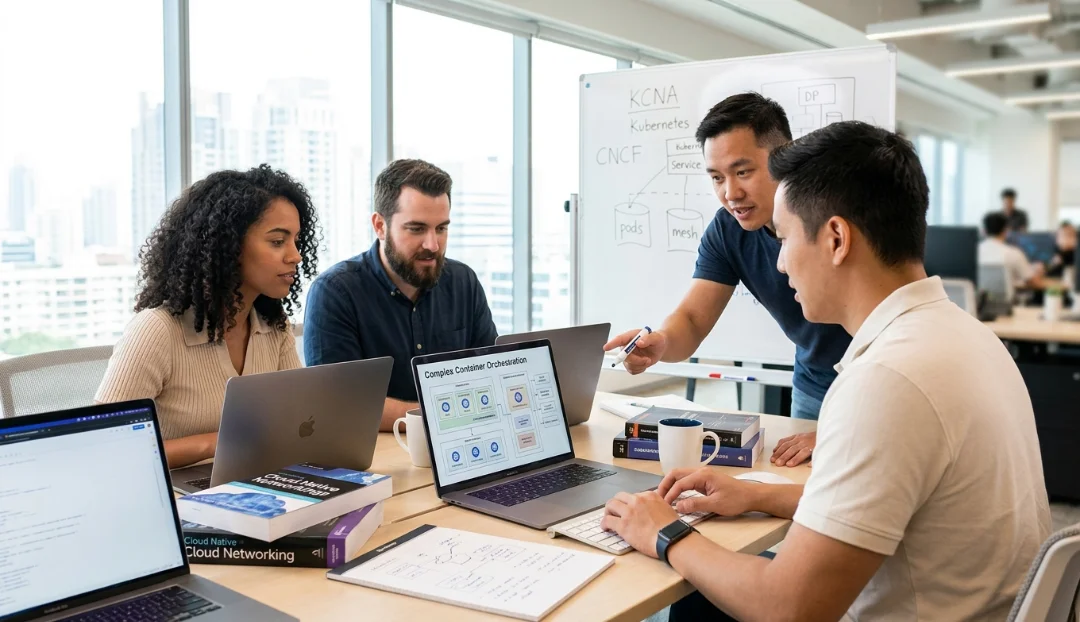 Kubernetes and Cloud Native Associate Certification professional discussing online exam-pass training and certification options with a senior mentor in a modern office.