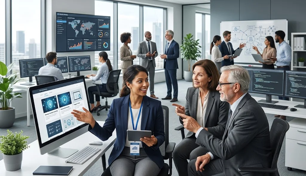 ISSMP cybersecurity professional discussing online certification training with senior security mentors in a modern office setting.