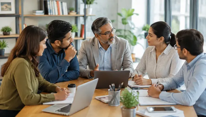 Team discussing CCOA Certification online training with a senior instructor during a collaborative session in a modern office.