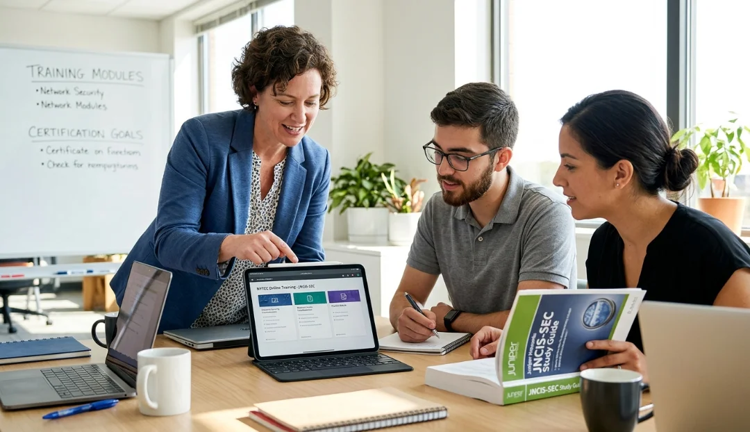 JNCIS-SEC Certification professional discussing online exam-pass training and certification options with a senior mentor in a modern office.