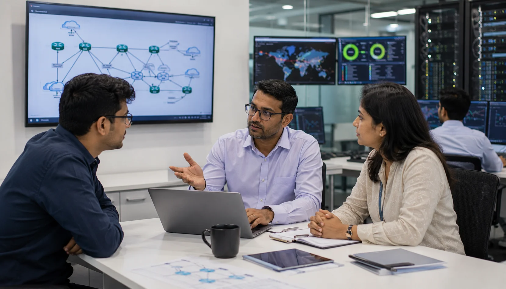 JNCIE-SP professional discussing online certification training with senior Juniper service provider networking mentors in an office.