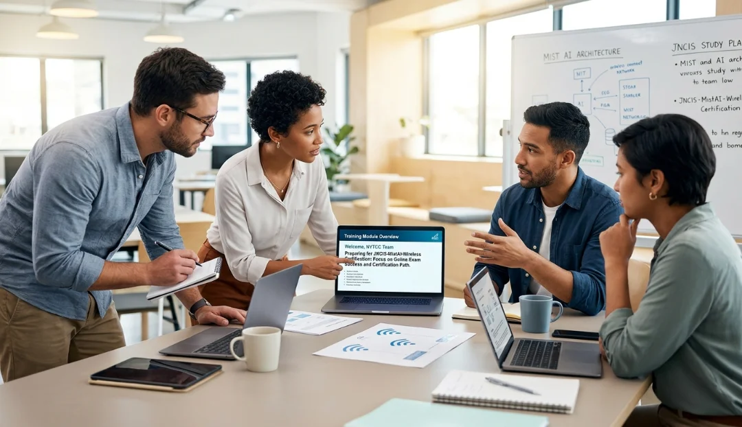 JNCIS-MistAI-Wireless Certification professional discussing online exam-pass training and certification options with a senior mentor in a modern office.