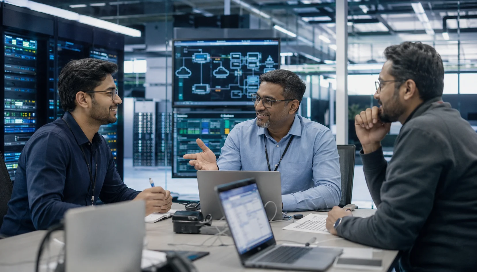 JNCIS-DC professional discussing online certification training with senior Juniper data center mentors in a modern office.