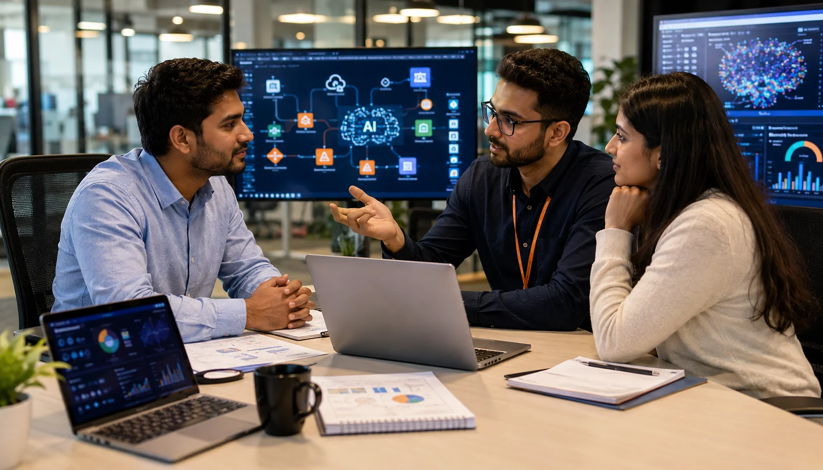 AWS Certified AI Practitioner discussing online certification training with senior AI and cloud mentors in a modern office.