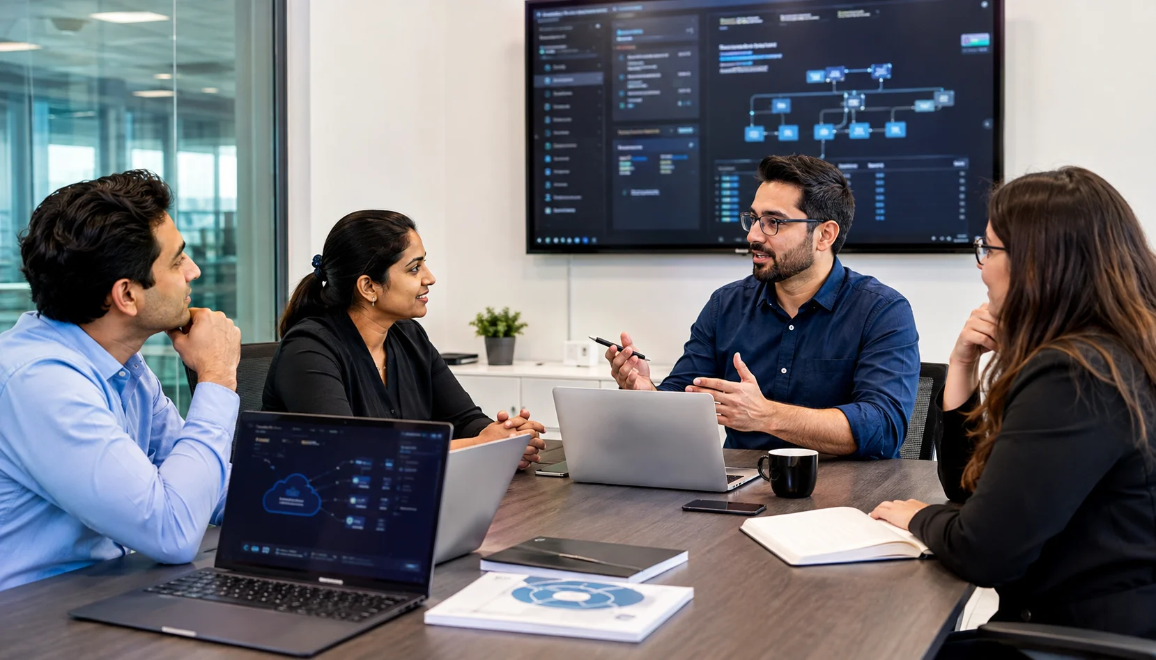 Associate Cloud Engineer professional discussing online certification training with senior cloud mentors in a modern professional office.