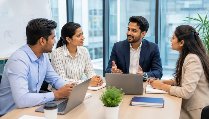 Program Management Professional discussing online certification training with senior program management leaders in a modern office.